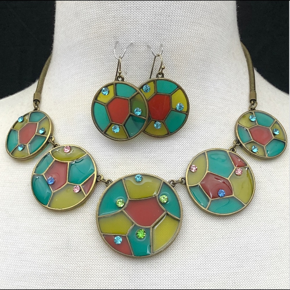 🔴 CLEARANCE Green Aqua Red Stained Glass Look Multicolor Necklace Earrings Set